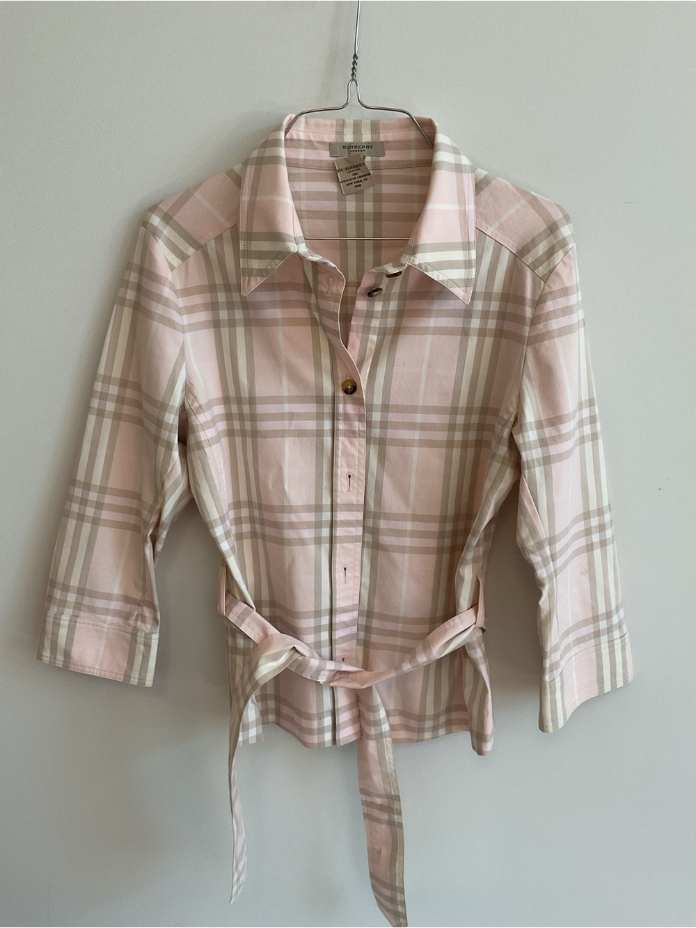 Burberry Authentic Light Pink & Beige Plaid Button-Down Shirt with Waist